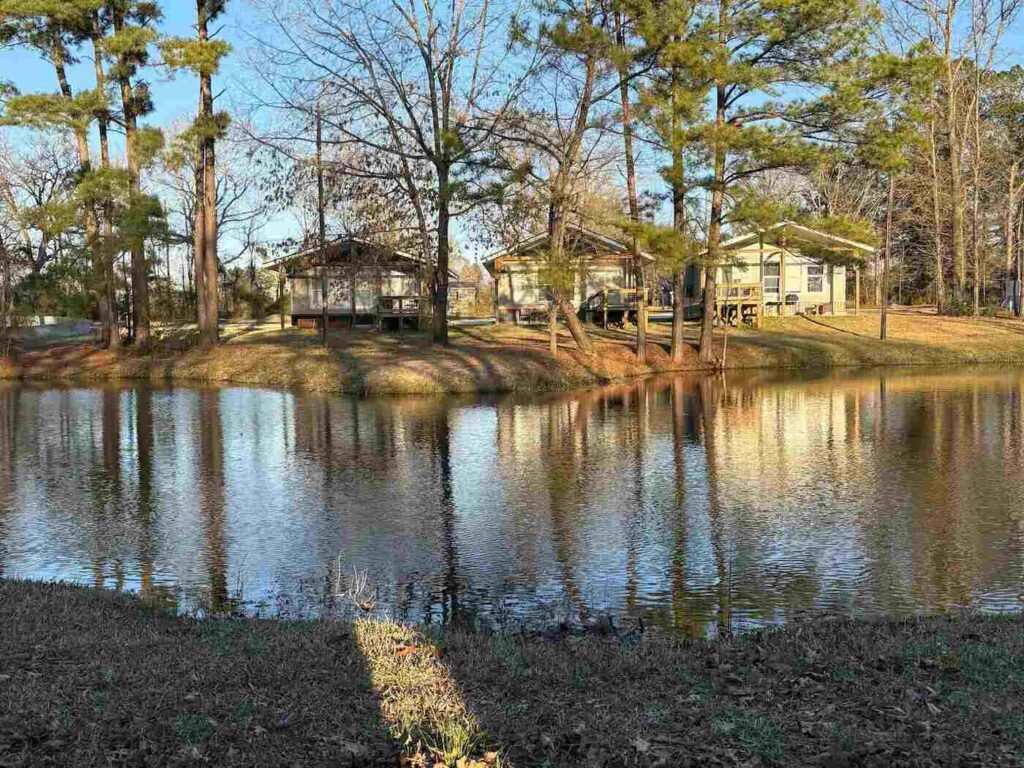 view over the pond to the back of the cabins
